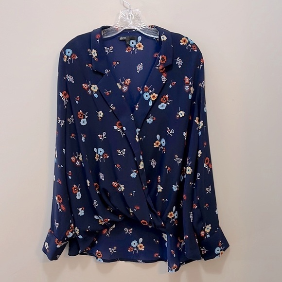 draped boho Blouse Long sleeve high-low Navy Floral semi-sheer Top size medium - Picture 2 of 9